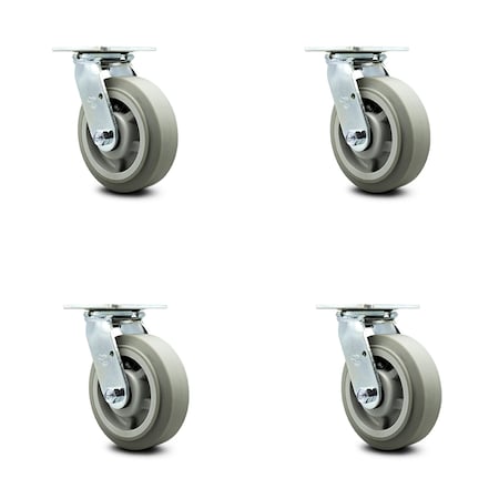 Thermoplastic Rubber Flat Tread Swivel Top Plate Caster Set of 4 w/6" x 2" Gray Wheels - Includes 4 Swivel w/Bolt on Swivel Locks - 2000 lbs Total Capacity - Service Caster Brand